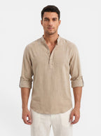 Venatte men's tan cotton-linen long-sleeve Henley shirt with buttoned placket and rolled cuffs.