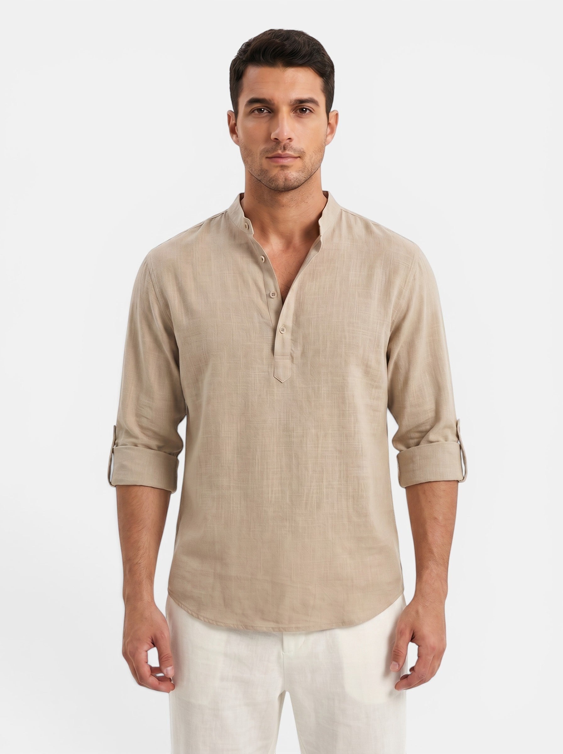 Venatte men's tan cotton-linen long-sleeve Henley shirt with buttoned placket and rolled cuffs.