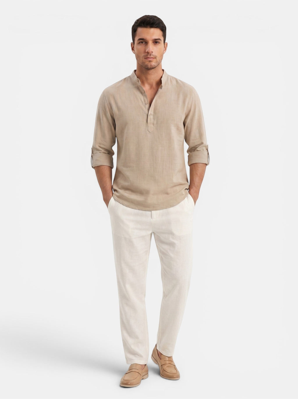 Venatte men's tan cotton-linen long-sleeve Henley shirt with buttoned placket and rolled cuffs.