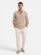 Venatte men's tan cotton-linen long-sleeve Henley shirt with buttoned placket and rolled cuffs.