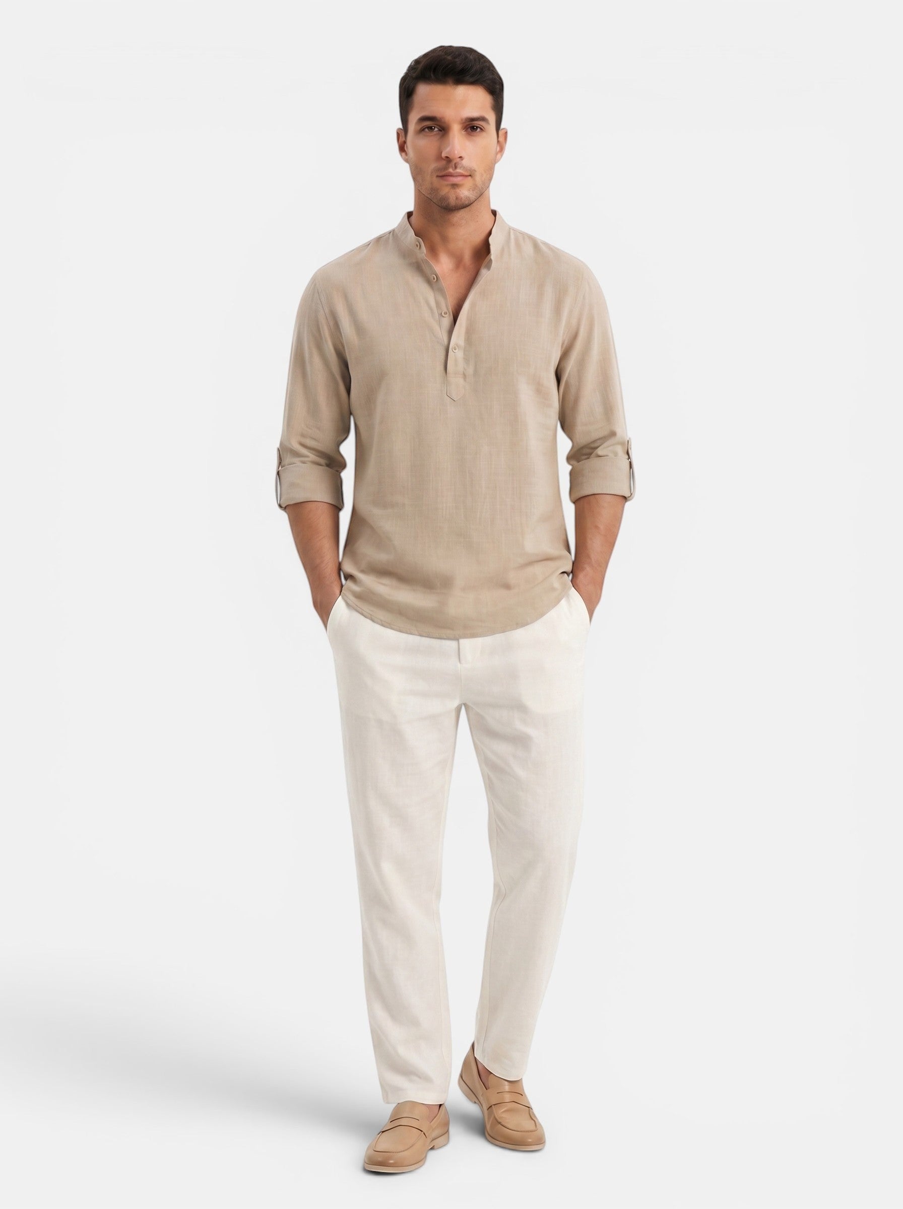 Venatte men's tan cotton-linen long-sleeve Henley shirt with buttoned placket and rolled cuffs.