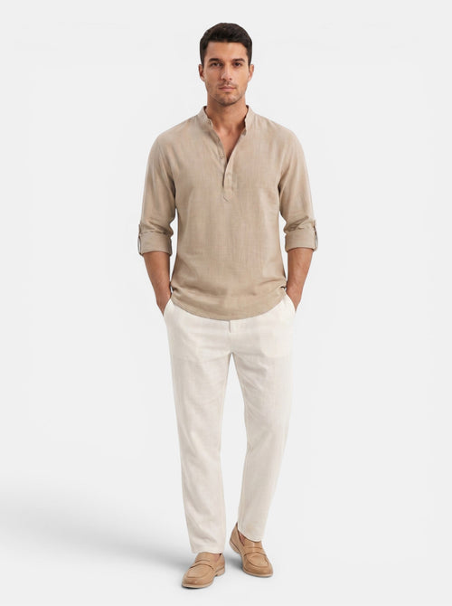 Venatte men's tan cotton-linen long-sleeve Henley shirt with buttoned placket and rolled cuffs.