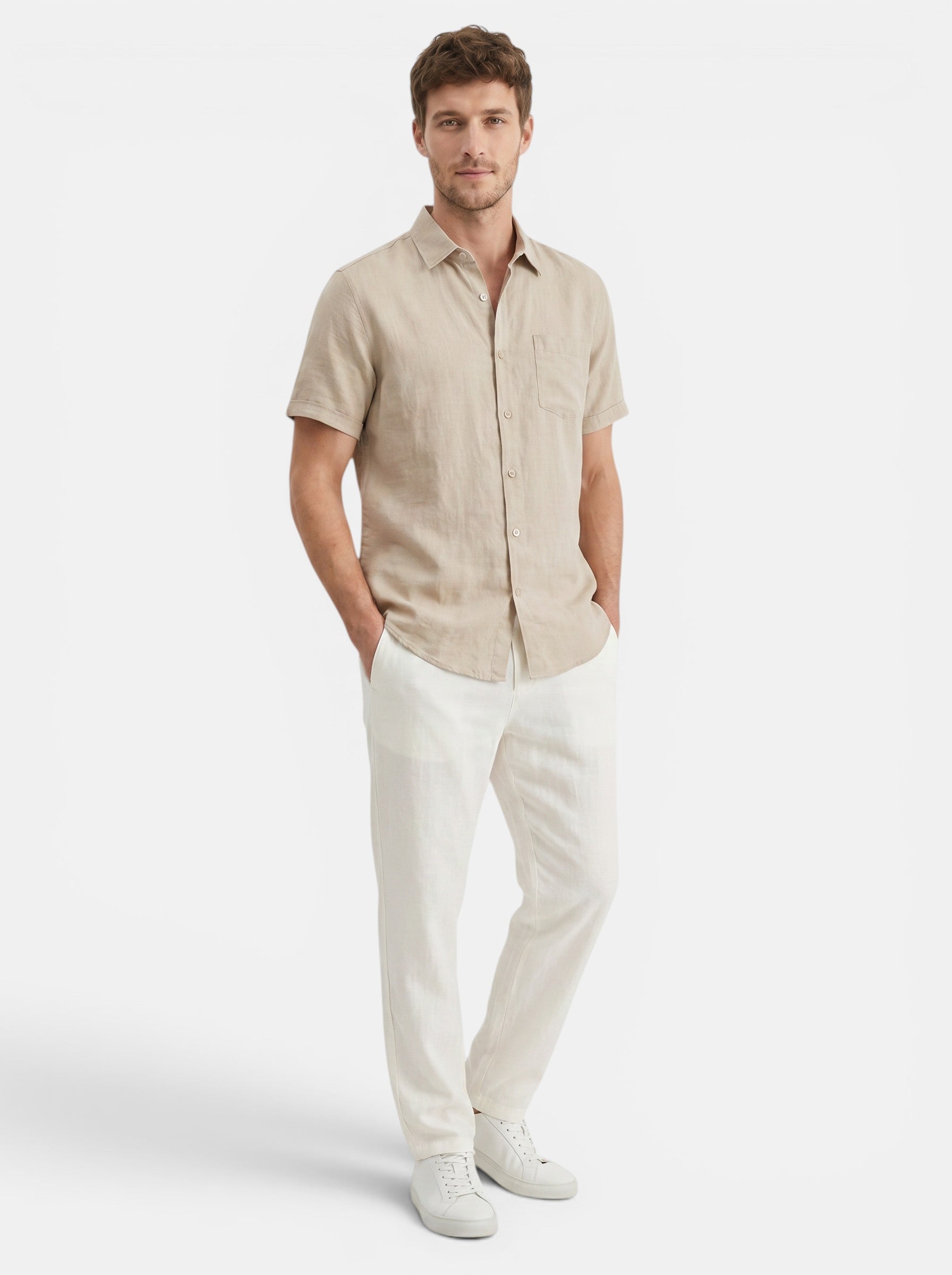 Venatte men's short-sleeve beige cotton linen blend casual beach shirt with turn-down collar.