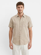 Venatte men's short-sleeve beige cotton linen blend casual beach shirt with turn-down collar and chest pocket.