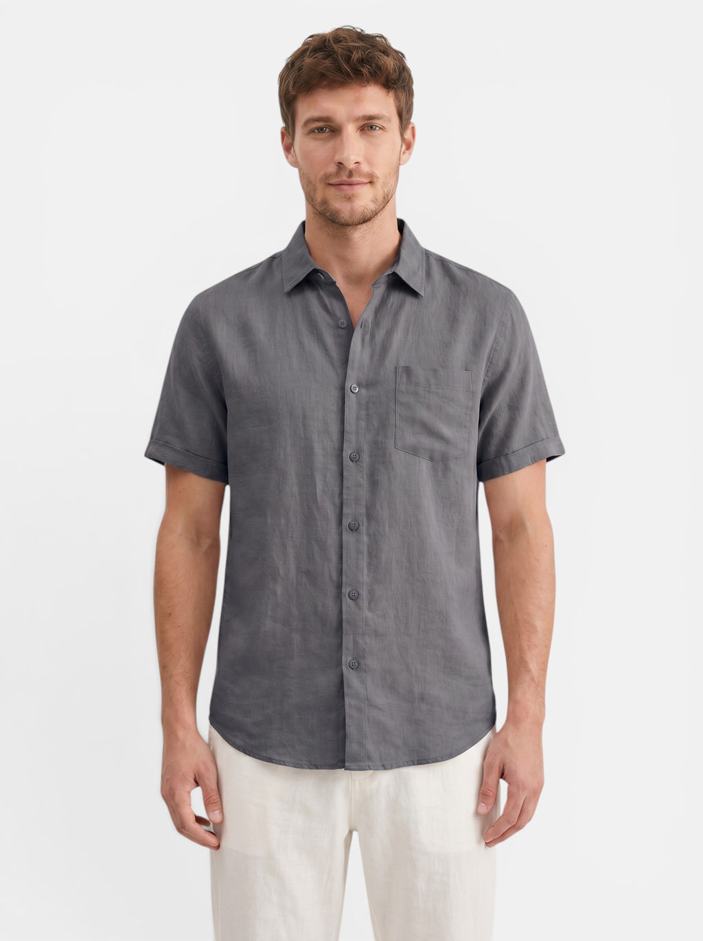 Venatte Men's dark grey short-sleeve cotton linen blend casual beach shirt with turn-down collar and chest pocket.