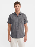 Venatte Men's dark grey short-sleeve cotton linen blend casual beach shirt with turn-down collar and chest pocket.