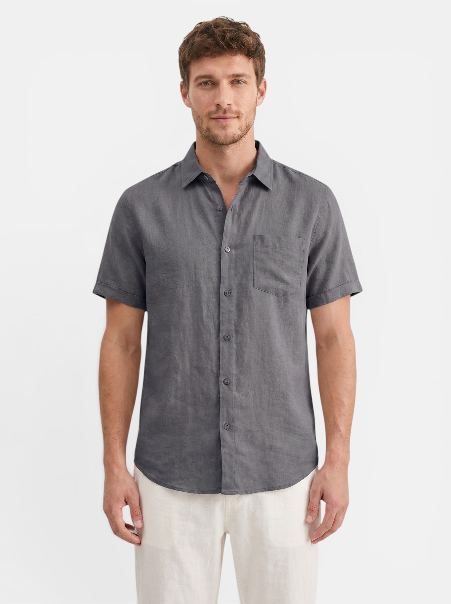 Venatte Men's dark grey short-sleeve cotton linen blend casual beach shirt with turn-down collar and chest pocket.