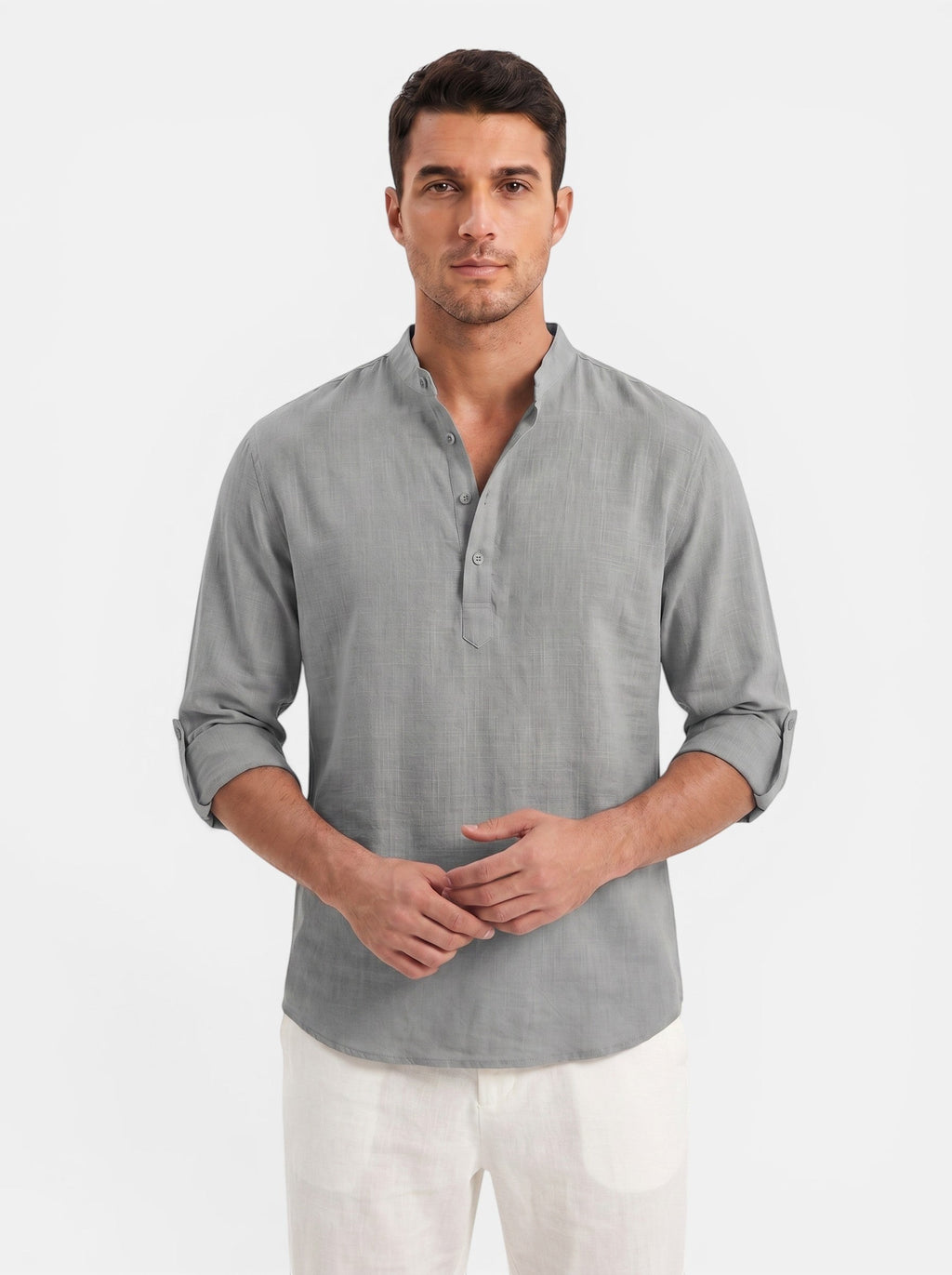 Venatte Men's grey cotton linen long-sleeve Henley shirt with buttoned placket and rolled cuffs.
