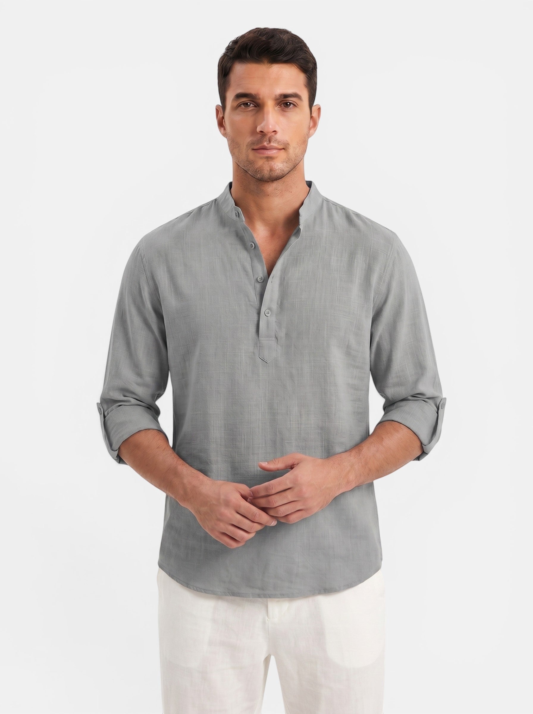 Venatte Men's grey cotton linen long-sleeve Henley shirt with buttoned placket and rolled cuffs.