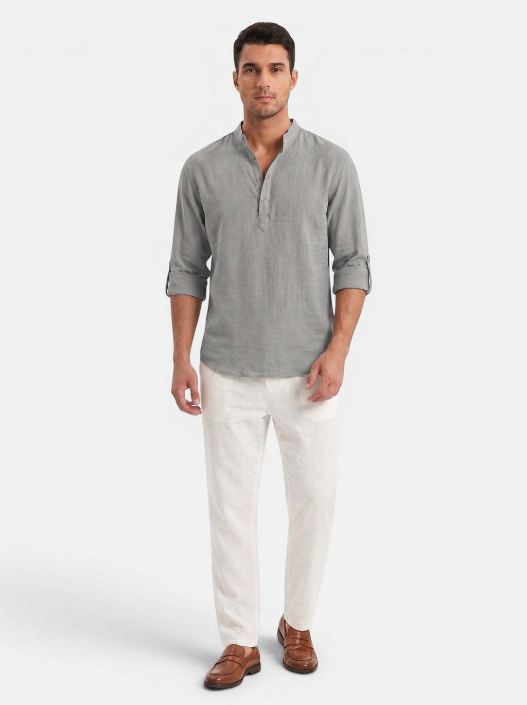 Venatte Men's grey cotton linen long-sleeve Henley shirt with buttoned placket and rolled cuffs.