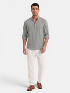 Venatte Men's grey cotton linen long-sleeve Henley shirt with buttoned placket and rolled cuffs.