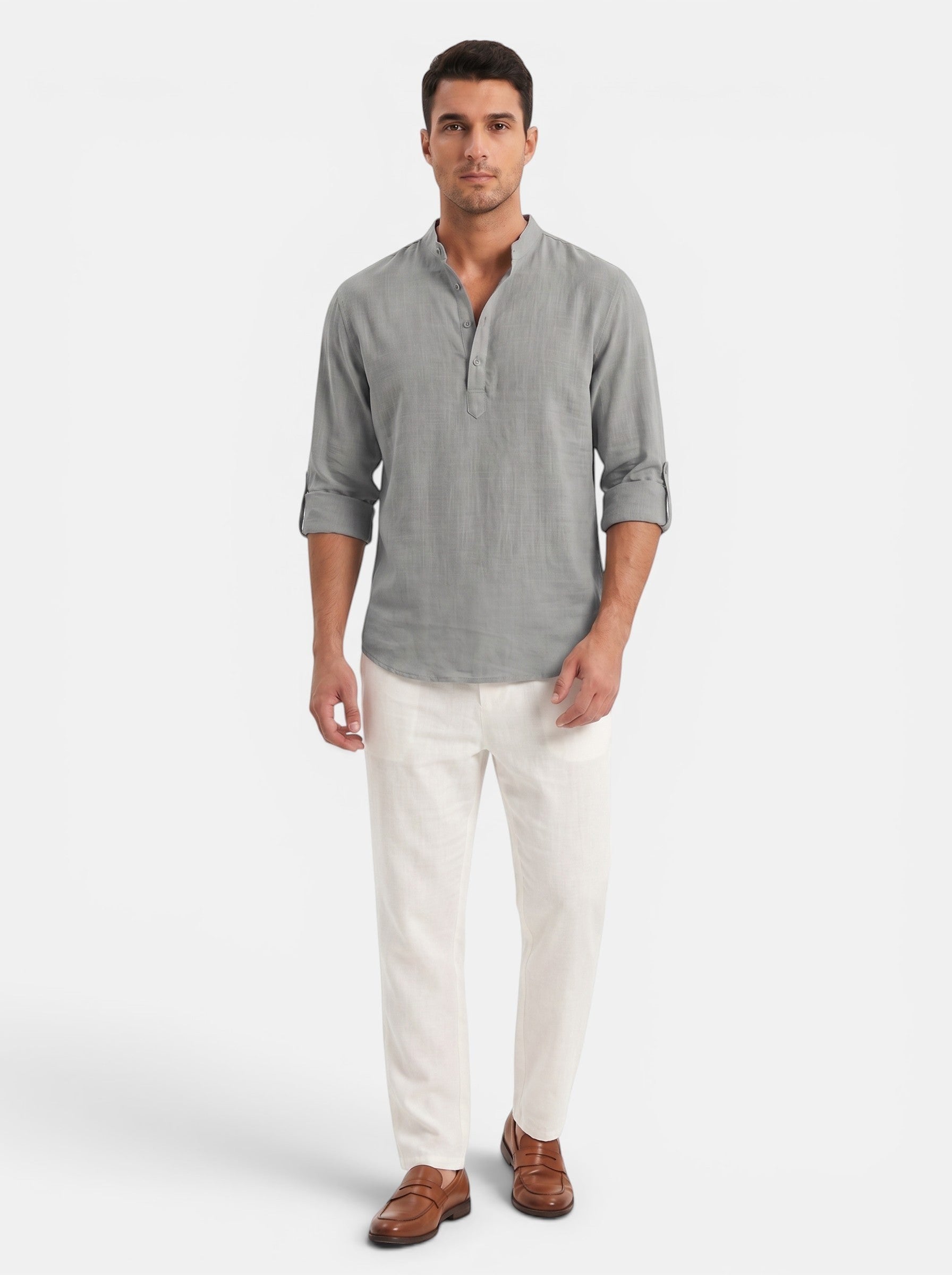 Venatte Men's grey cotton linen long-sleeve Henley shirt with buttoned placket and rolled cuffs.