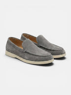 Venatte men's grey faux suede slip-on loafers with moccasin construction and rubber outsole.