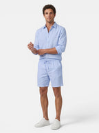 Venatte men's light blue linen blend shorts with elastic waistband and drawstring. Relaxed fit, breathable fabric.