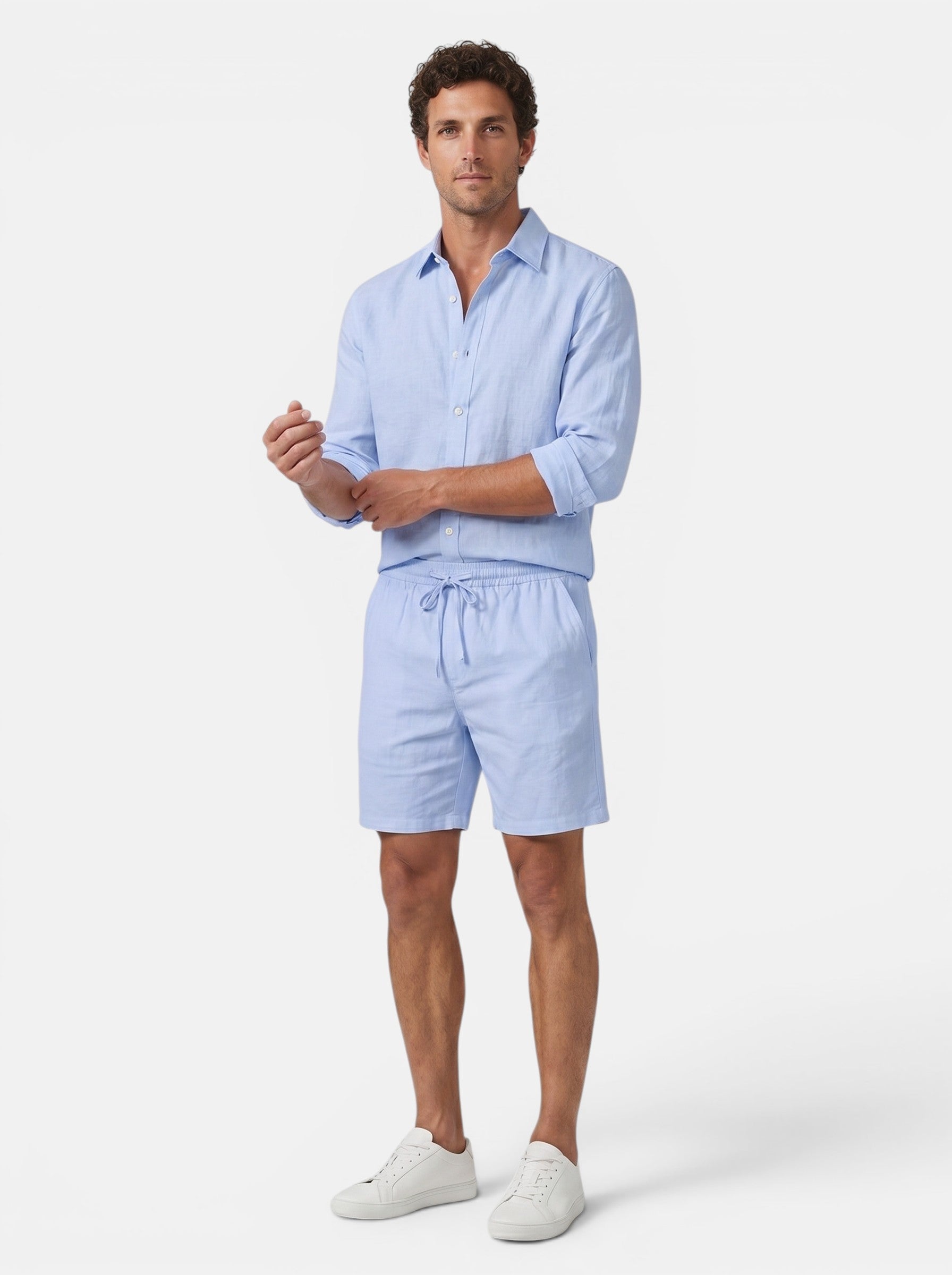 Venatte men's light blue linen blend shorts with elastic waistband and drawstring. Relaxed fit, breathable fabric.