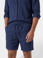 Venatte men's navy blue linen blend shorts with drawstring elastic waist and relaxed fit.