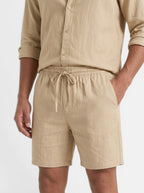 Venatte men's relaxed fit tan linen-cotton blend shorts with drawstring elastic waistband.