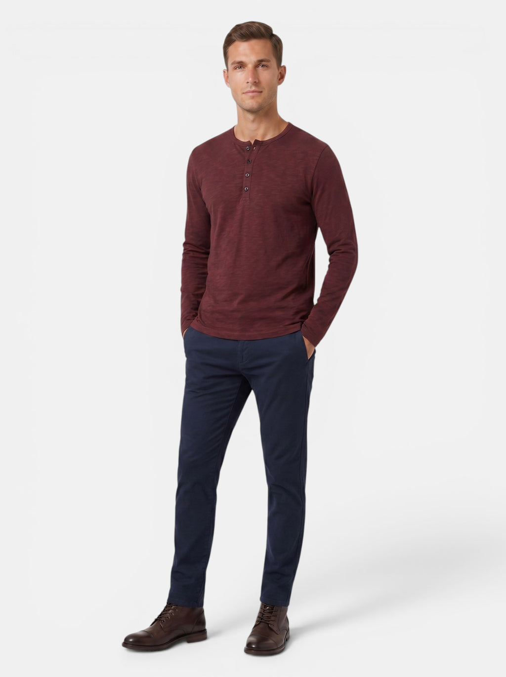 Venatte men's long-sleeve burgundy cotton blend Henley shirt with button placket.