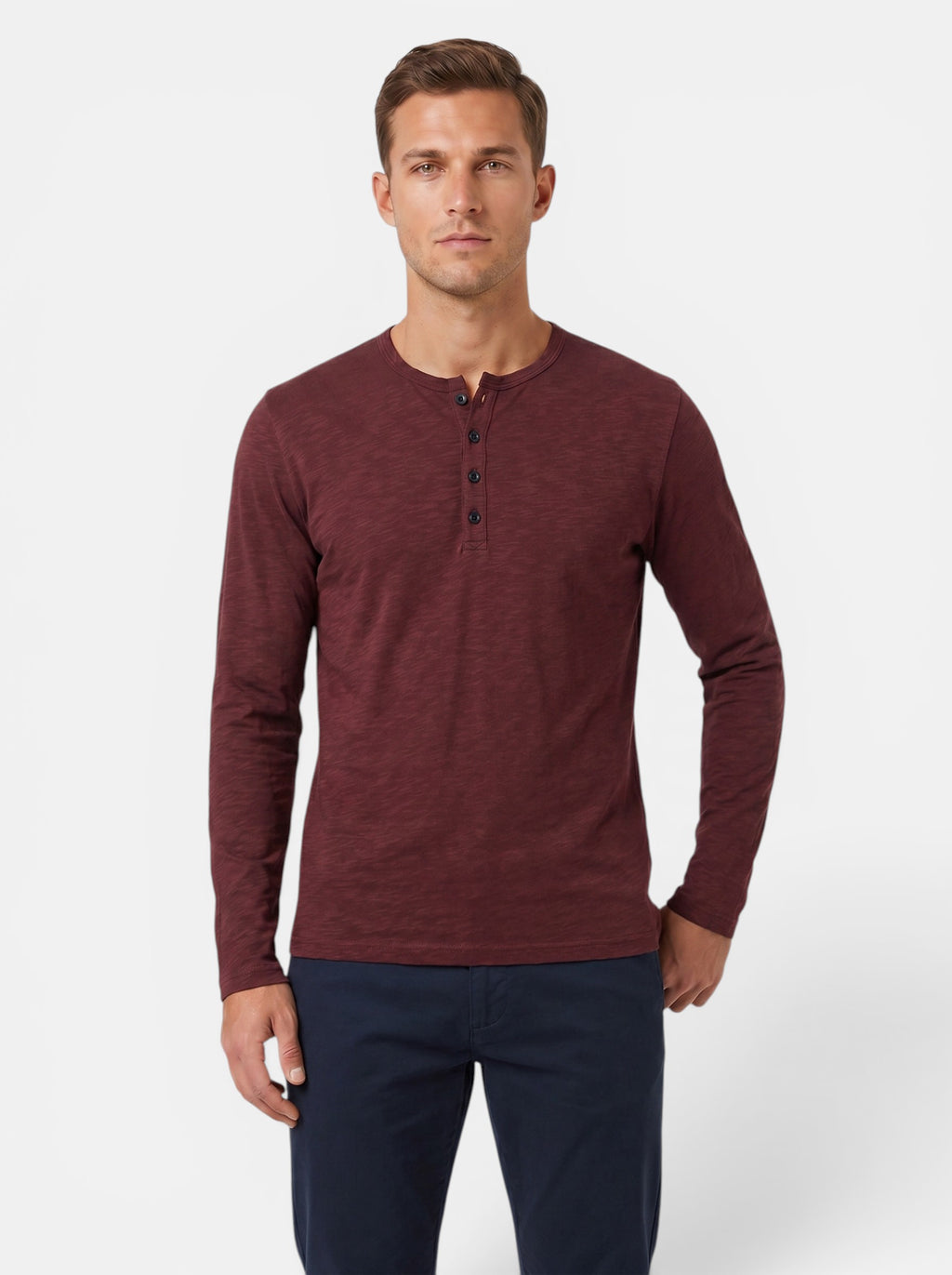 Venatte men's long-sleeve burgundy cotton blend Henley shirt with button placket.
