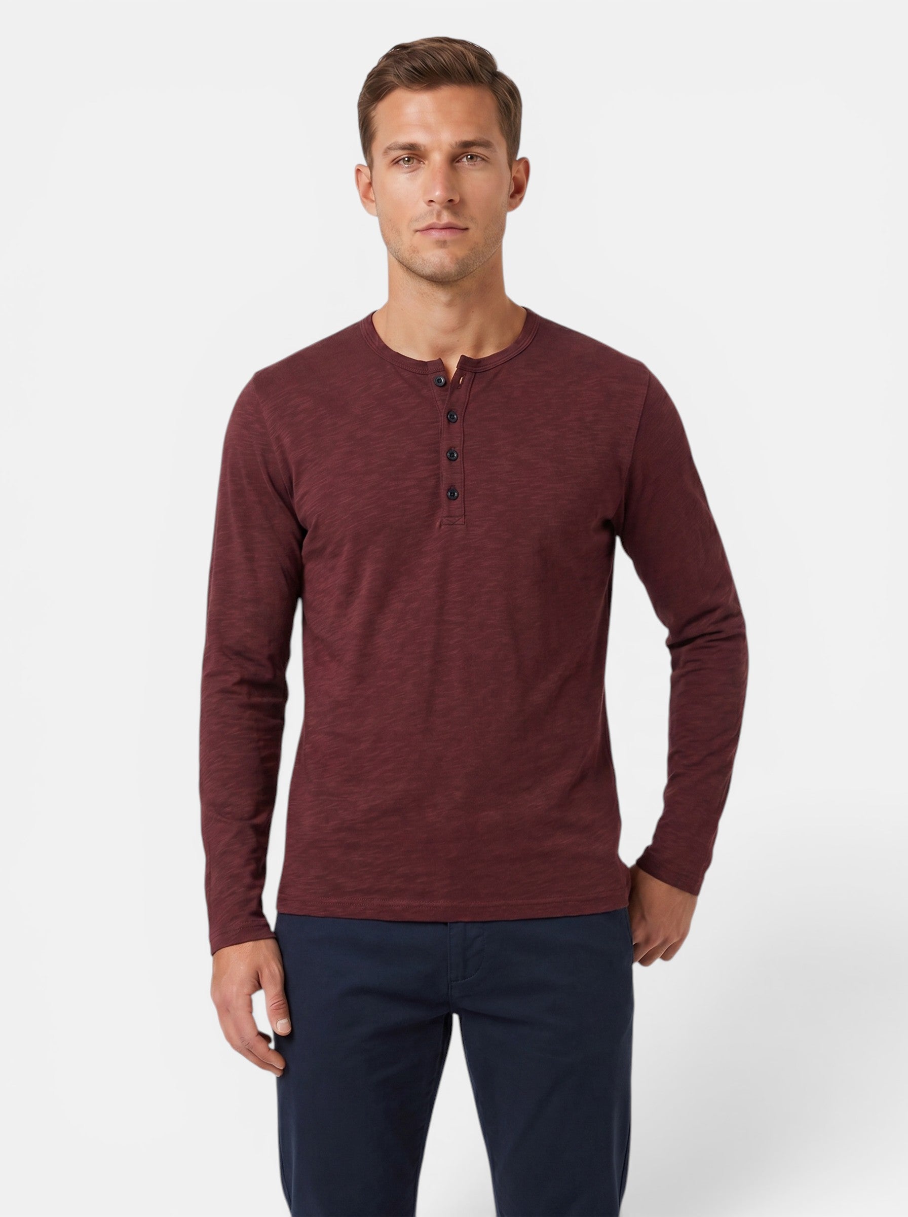 Venatte men's long-sleeve burgundy cotton blend Henley shirt with button placket.