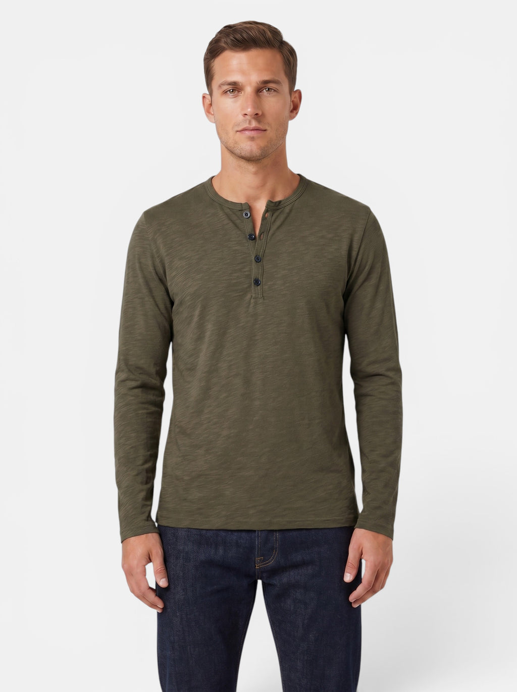 Venatte Men's long-sleeve olive green cotton blend Henley shirt with button placket.