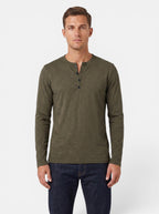 Venatte Men's long-sleeve olive green cotton blend Henley shirt with button placket.