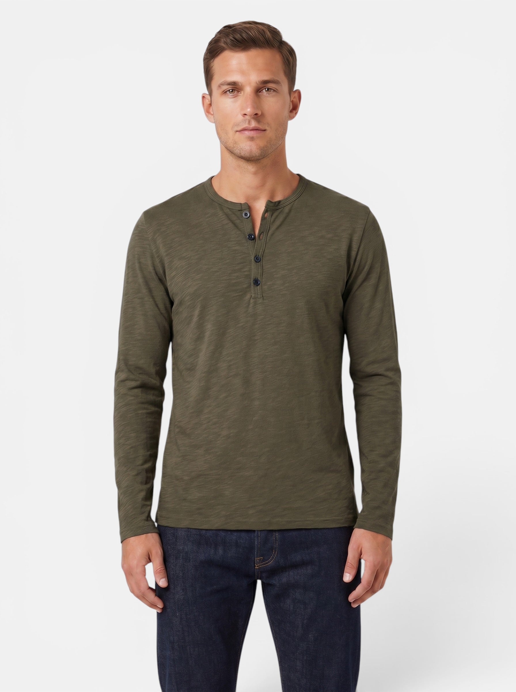 Venatte Men's long-sleeve olive green cotton blend Henley shirt with button placket.