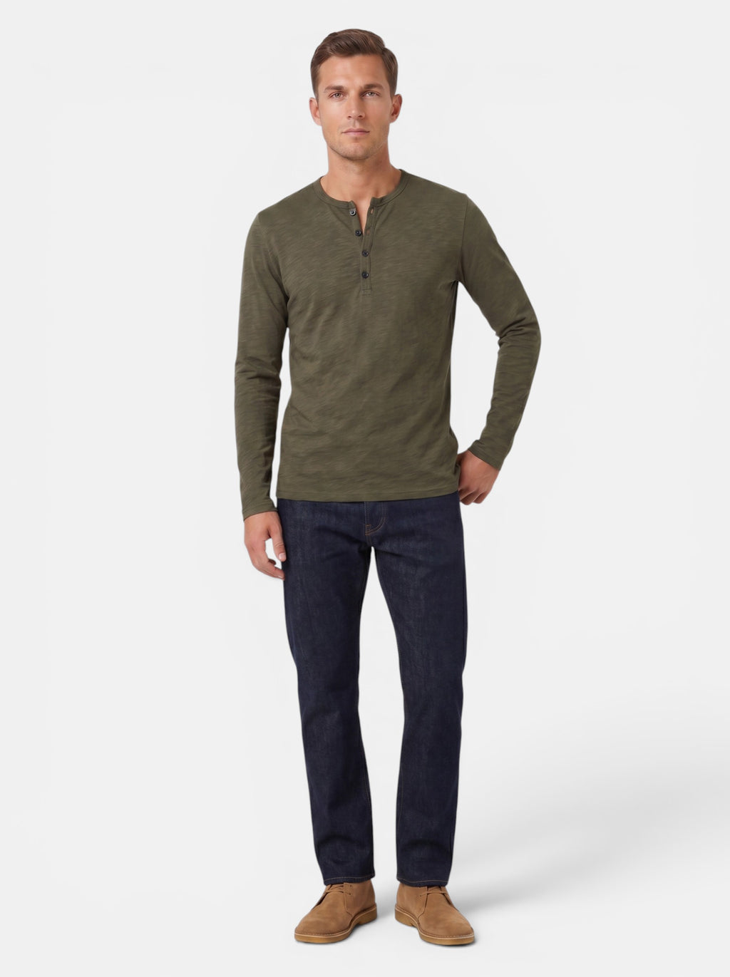 Venatte men's long-sleeve olive green cotton blend Henley shirt with button placket, paired with dark wash jeans.