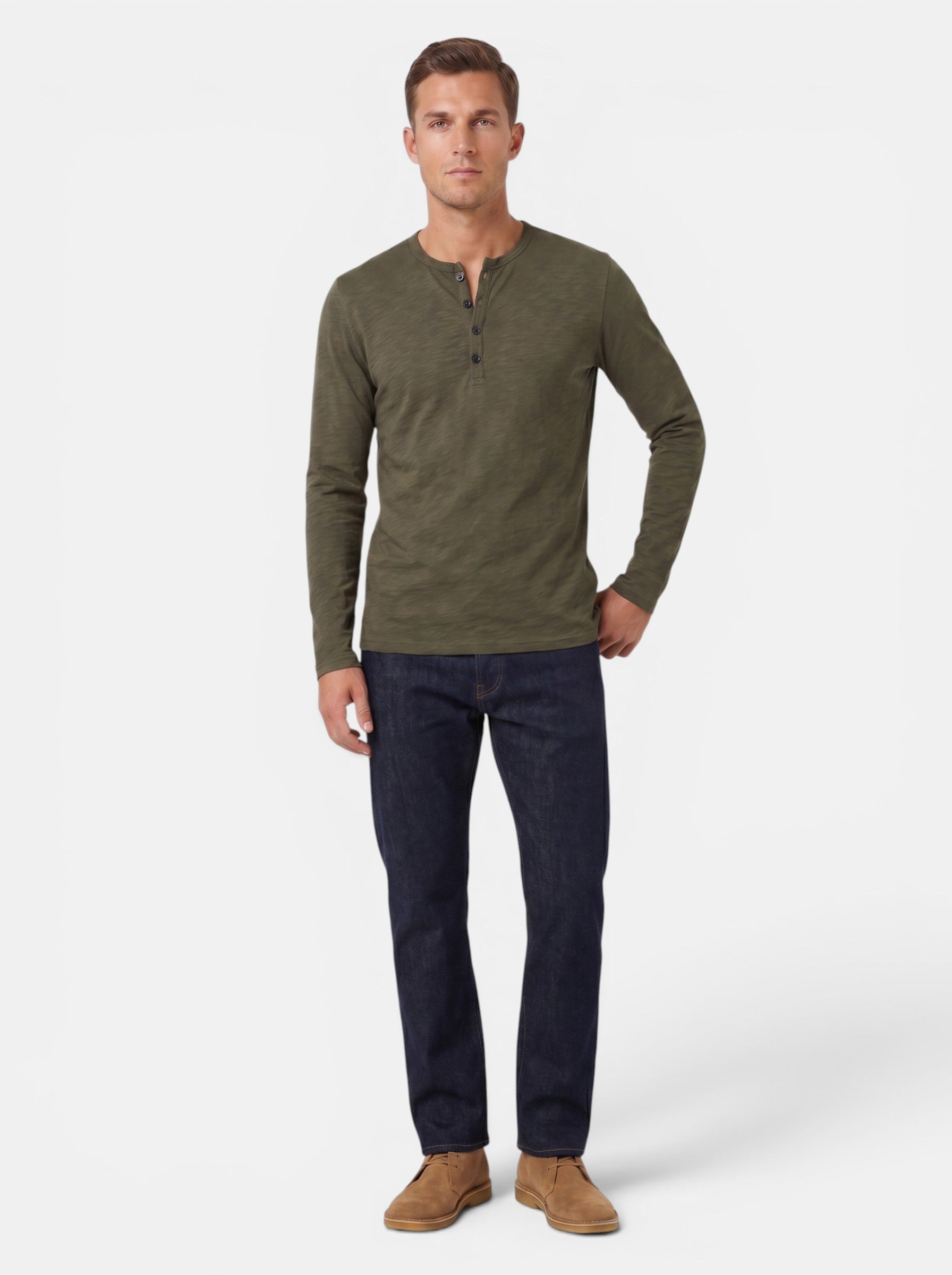 Venatte men's long-sleeve olive green cotton blend Henley shirt with button placket, paired with dark wash jeans.