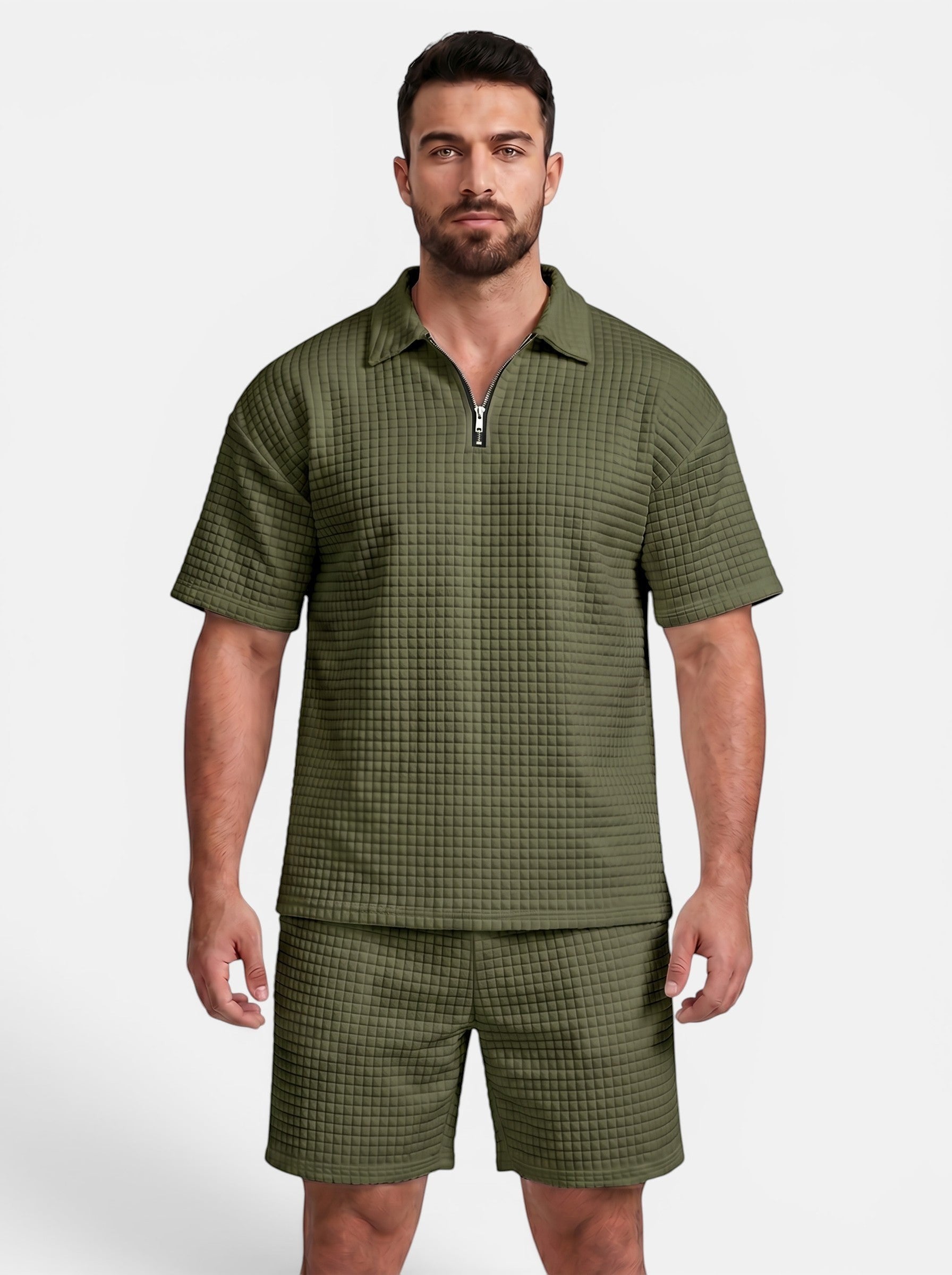 Venatte men's olive green quilted short-sleeve polo shirt and shorts set. Features a quarter-zip closure and lapel collar.
