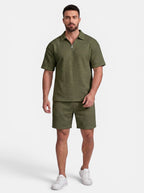 Venatte men's olive green quilted short-sleeve polo shirt and matching shorts set