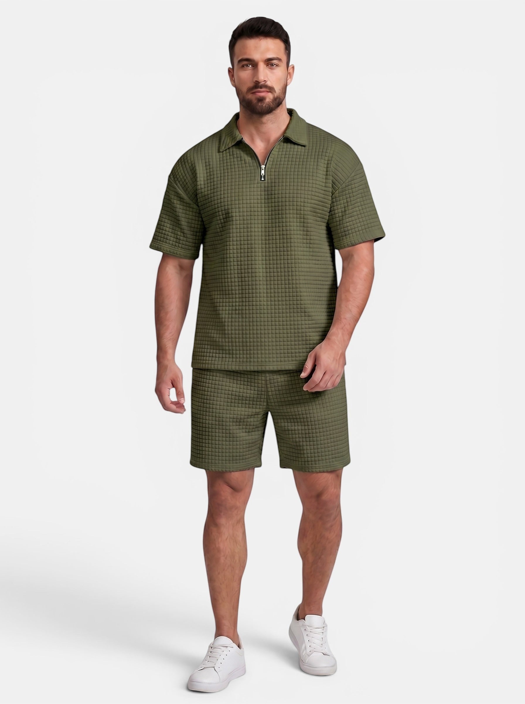 Venatte men's olive green quilted short-sleeve polo shirt and matching shorts set