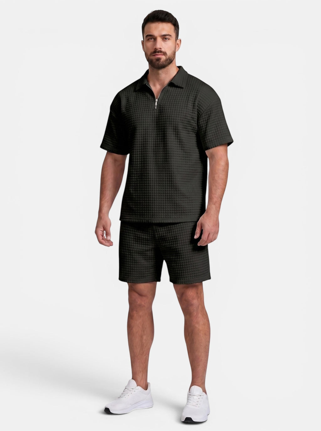 Venatte men's black quilted polyester short-sleeve zip-up polo shirt and matching shorts set.