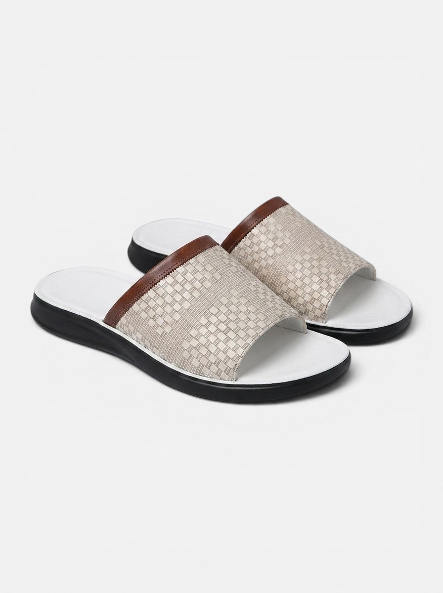 Venatte men's beige woven faux leather slip-on sandals with brown trim and white cushioned sole.