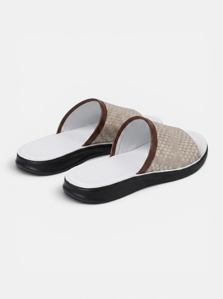 Venatte men's beige woven faux leather slip-on sandals with brown trim and white soles.