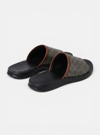 Venatte men's dark grey faux leather slip-on slide sandals with brown trim and woven detail.