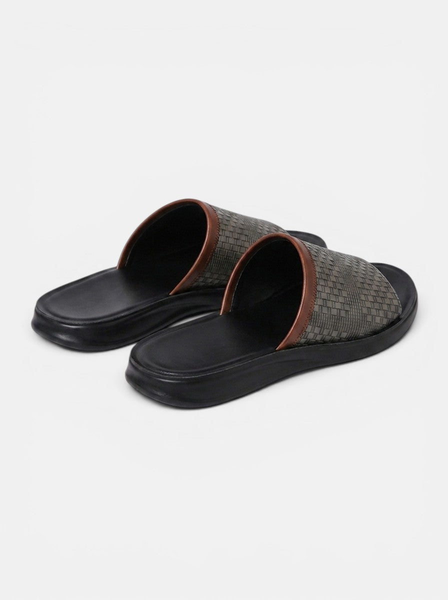 Venatte men's dark grey faux leather slip-on slide sandals with brown trim and woven detail.