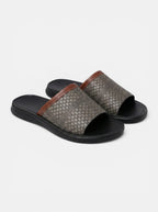 Venatte men's grey woven faux leather slip-on sandals with brown trim and black sole.