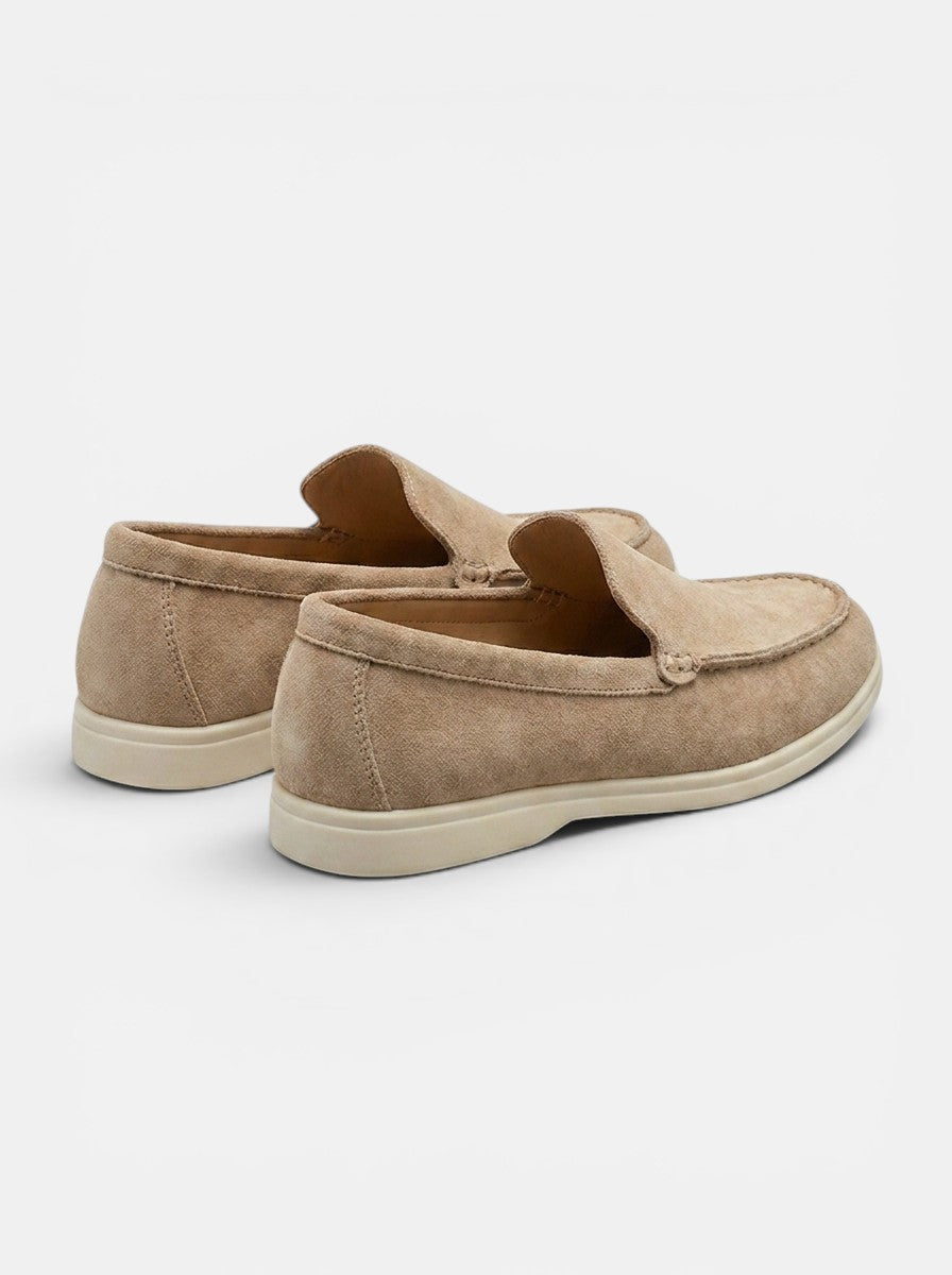 Venatte men's tan faux suede slip-on loafers with a moccasin construction and rubber sole.