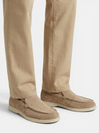 Venatte men's tan suede slip-on loafers with a moccasin construction and rubber sole.