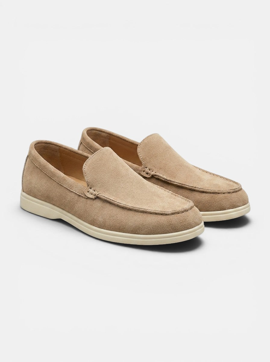 Venatte men's tan suede slip-on loafers with a moccasin construction and rubber sole.