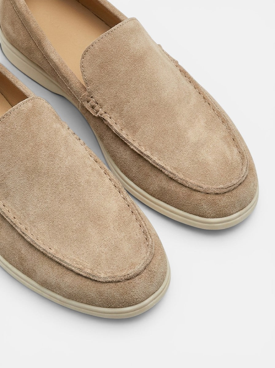 Venatte men's tan faux suede slip-on loafers with moccasin construction and rubber outsole.