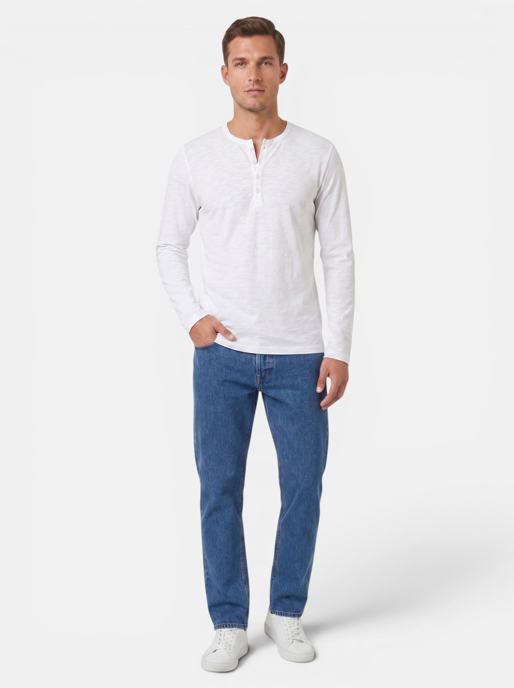 Venatte men's long-sleeve white cotton blend Henley shirt with button placket and relaxed fit.