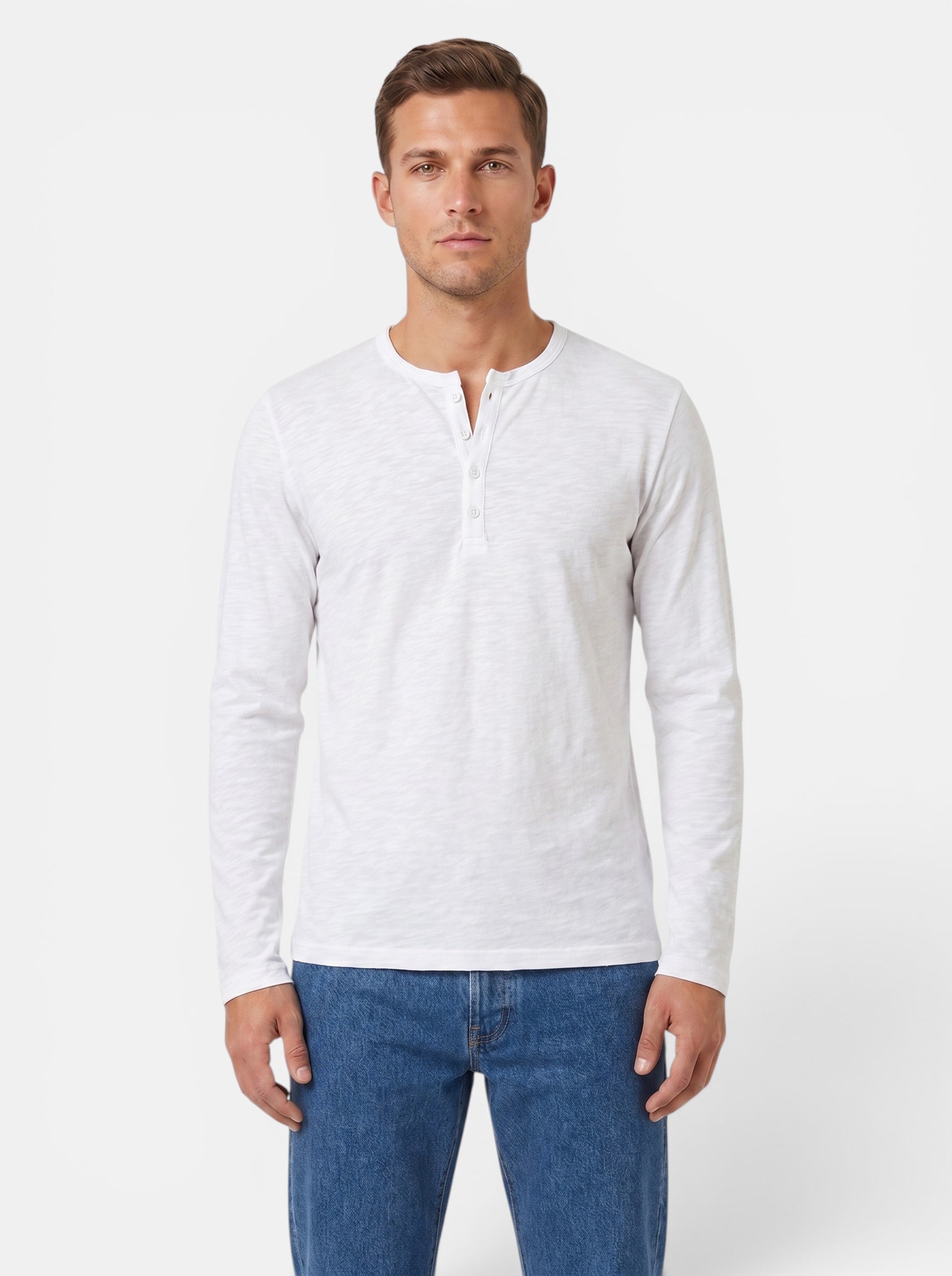 Venatte men's white long-sleeve cotton blend Henley shirt with button placket.