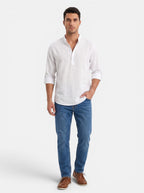 Venatte Men's white cotton linen long-sleeve Henley shirt with buttoned placket and rolled cuffs.