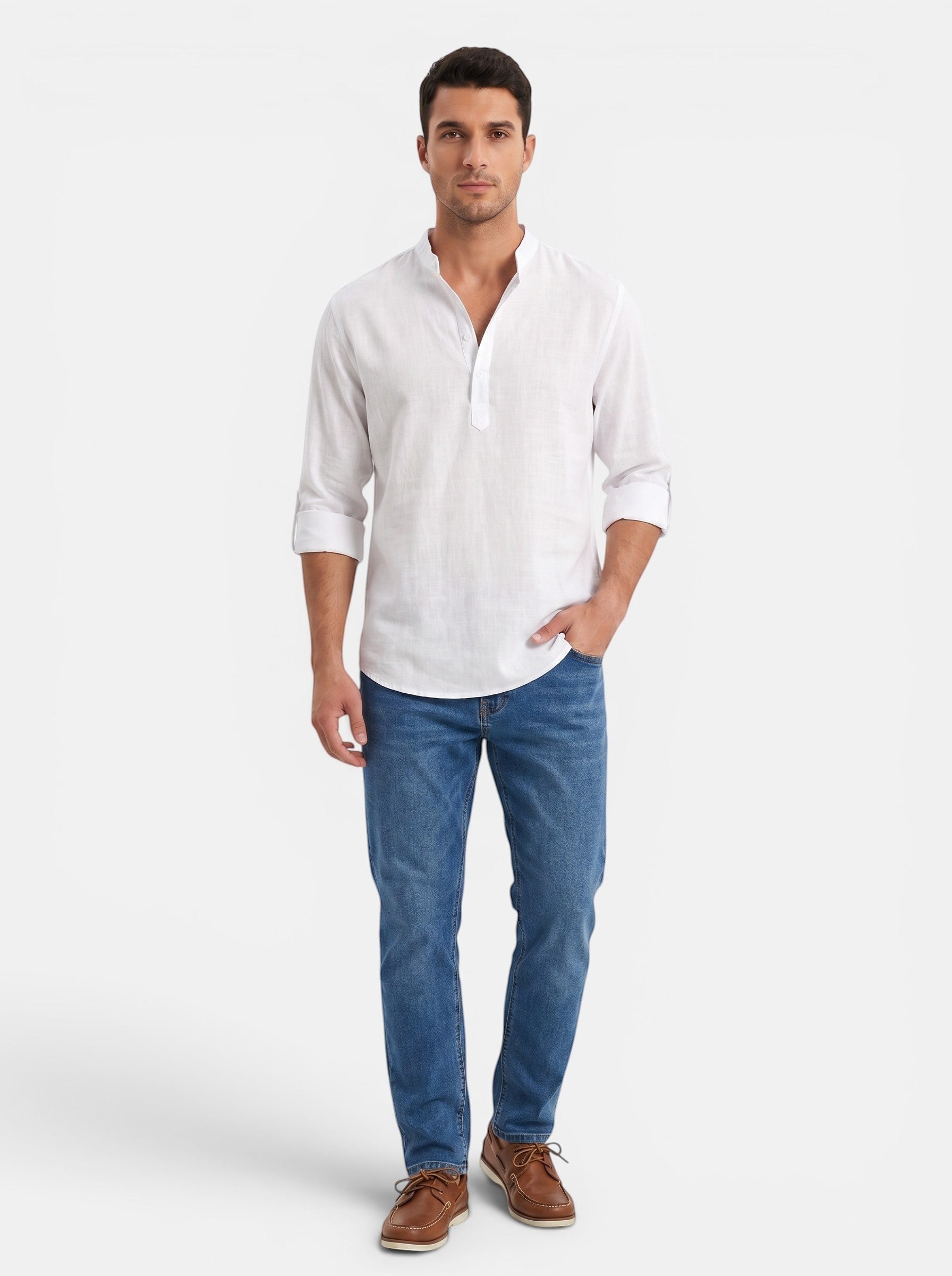 Venatte Men's white cotton linen long-sleeve Henley shirt with buttoned placket and rolled cuffs.