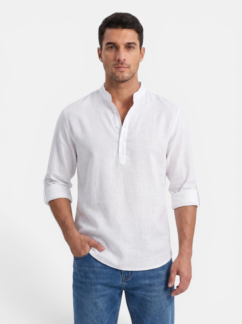 Venatte men's white cotton linen long-sleeve Henley shirt with buttoned placket and rolled cuffs.