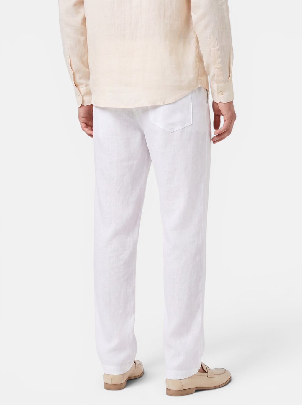 Venatte men's white cotton linen relaxed fit pants with elasticated waist and back pocket.
