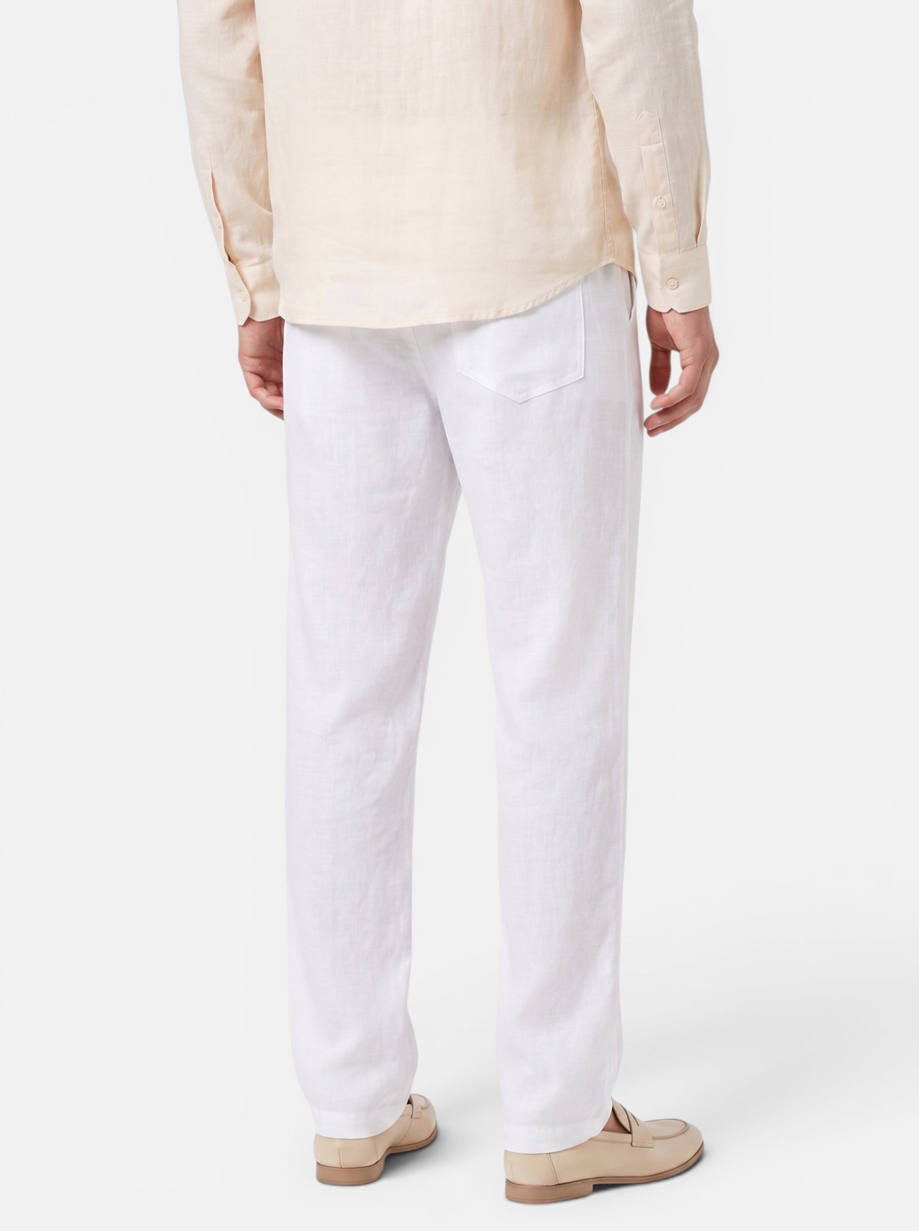 Venatte men's white cotton linen relaxed fit pants with elasticated waist and back pocket.