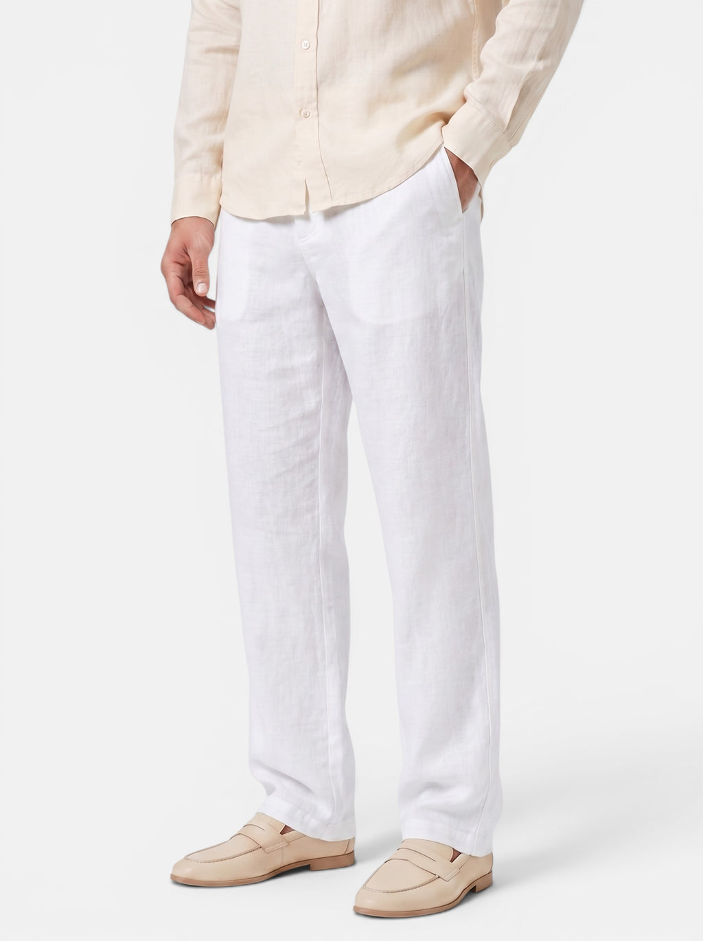 Venatte men's white cotton linen relaxed fit wide-leg casual pants with elasticated waist.